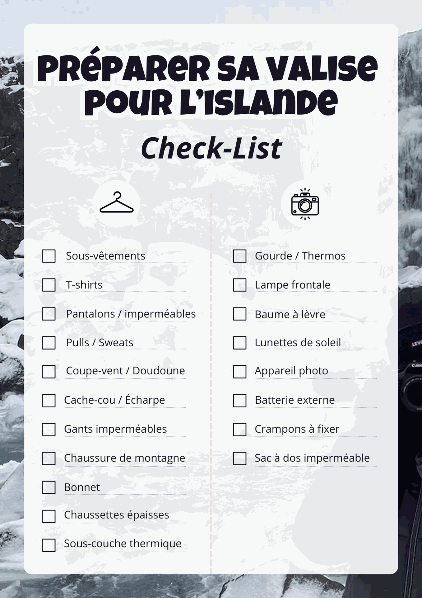 préparer sa valise pour li'islande check liste