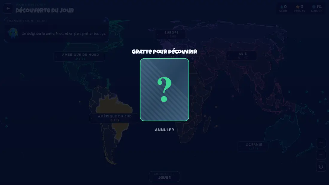 Ticket à gratter pour découvrir le pays du jour dans Blopi World