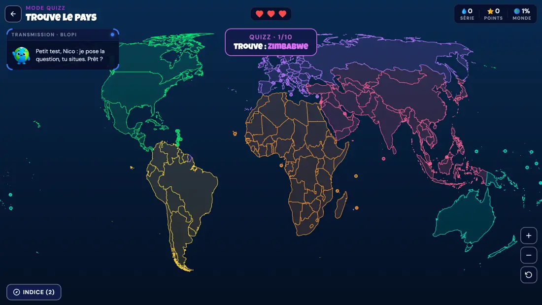 Quiz de géographie : trouver le pays demandé sur la carte du monde