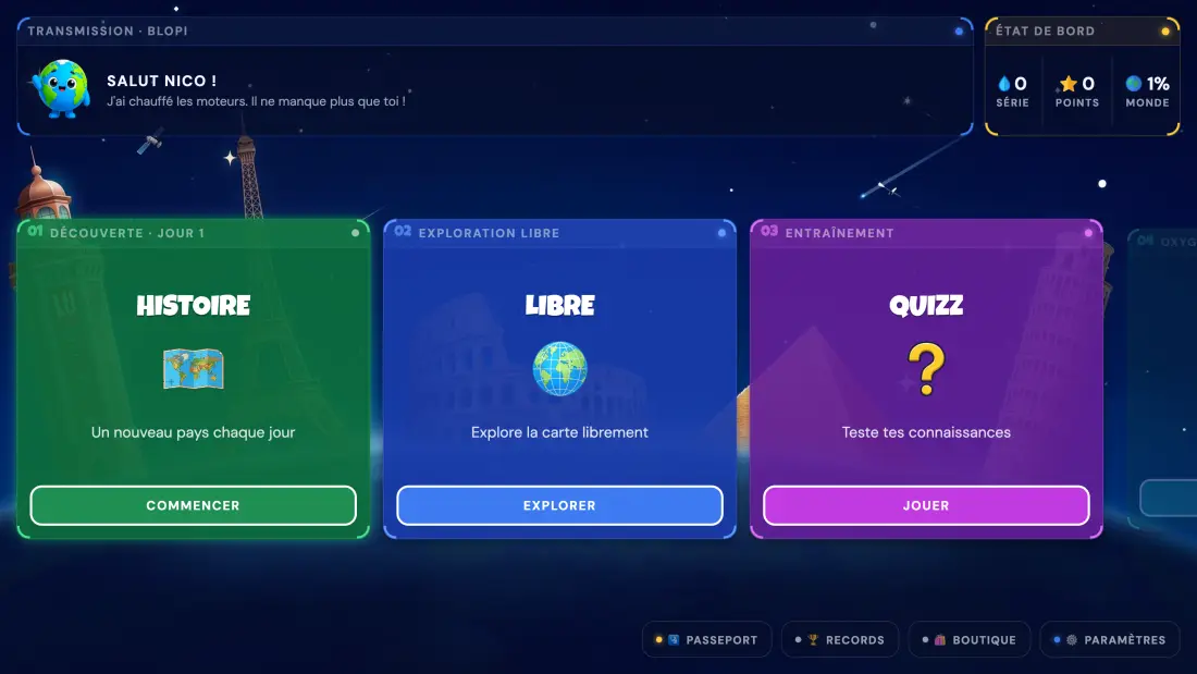 Écran d'accueil de Blopi World, jeu de géographie : modes Histoire, Libre et Quizz